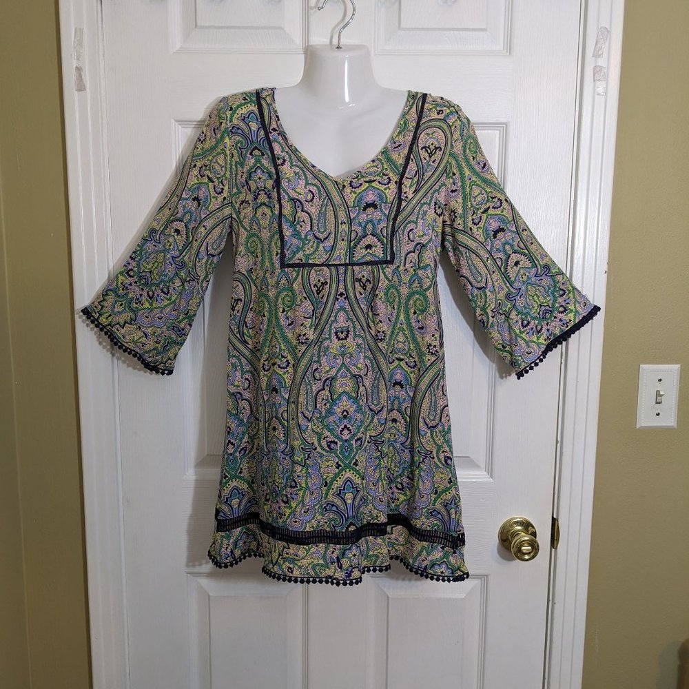 JW Style Floral Multi-Color Boho Pom-Pom Mini Dress - size S
